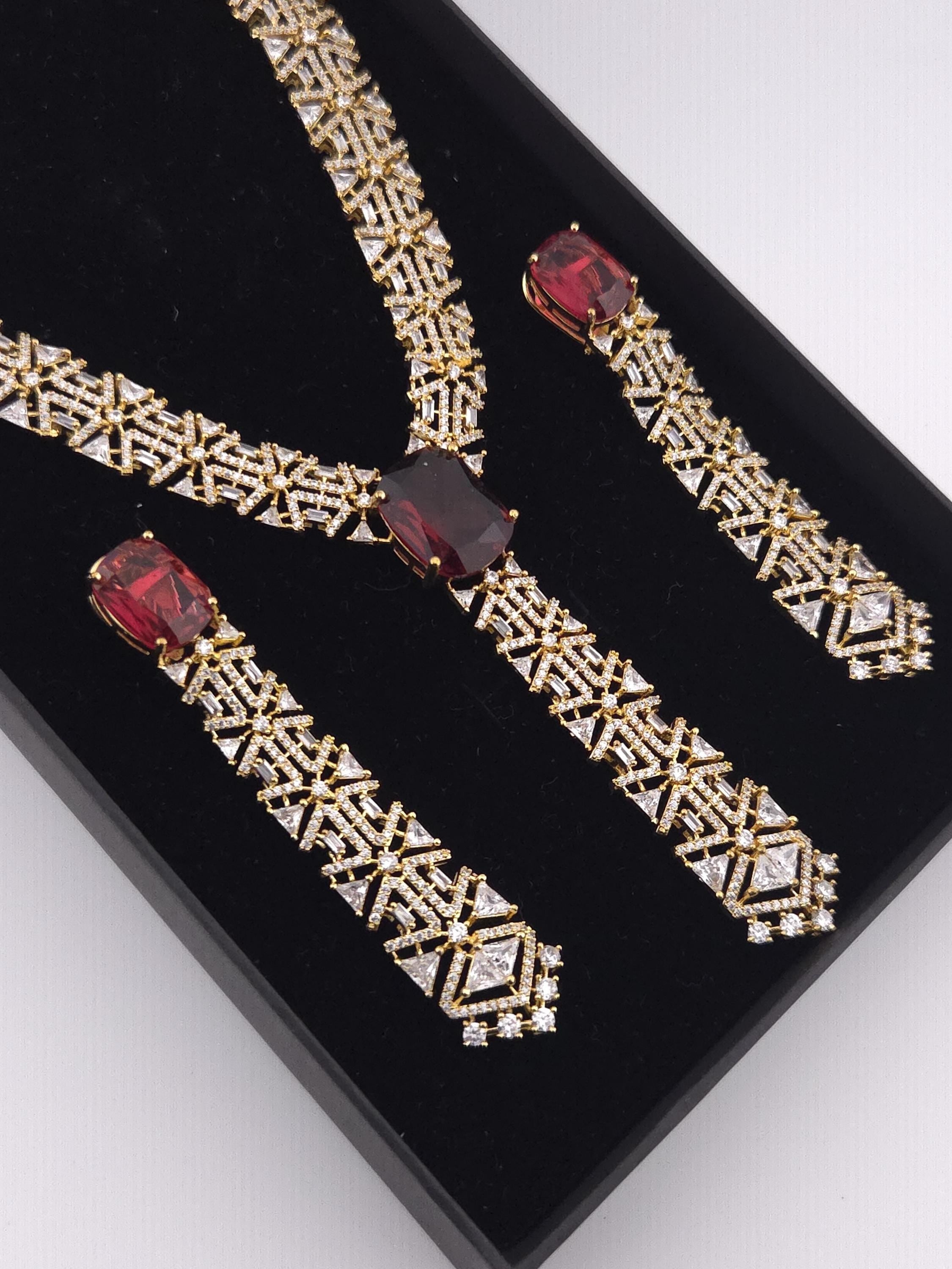 Ruby Red CZ V-Shape Long Pendant Necklace Set – Gold Plated Indian Bridal Jewelry