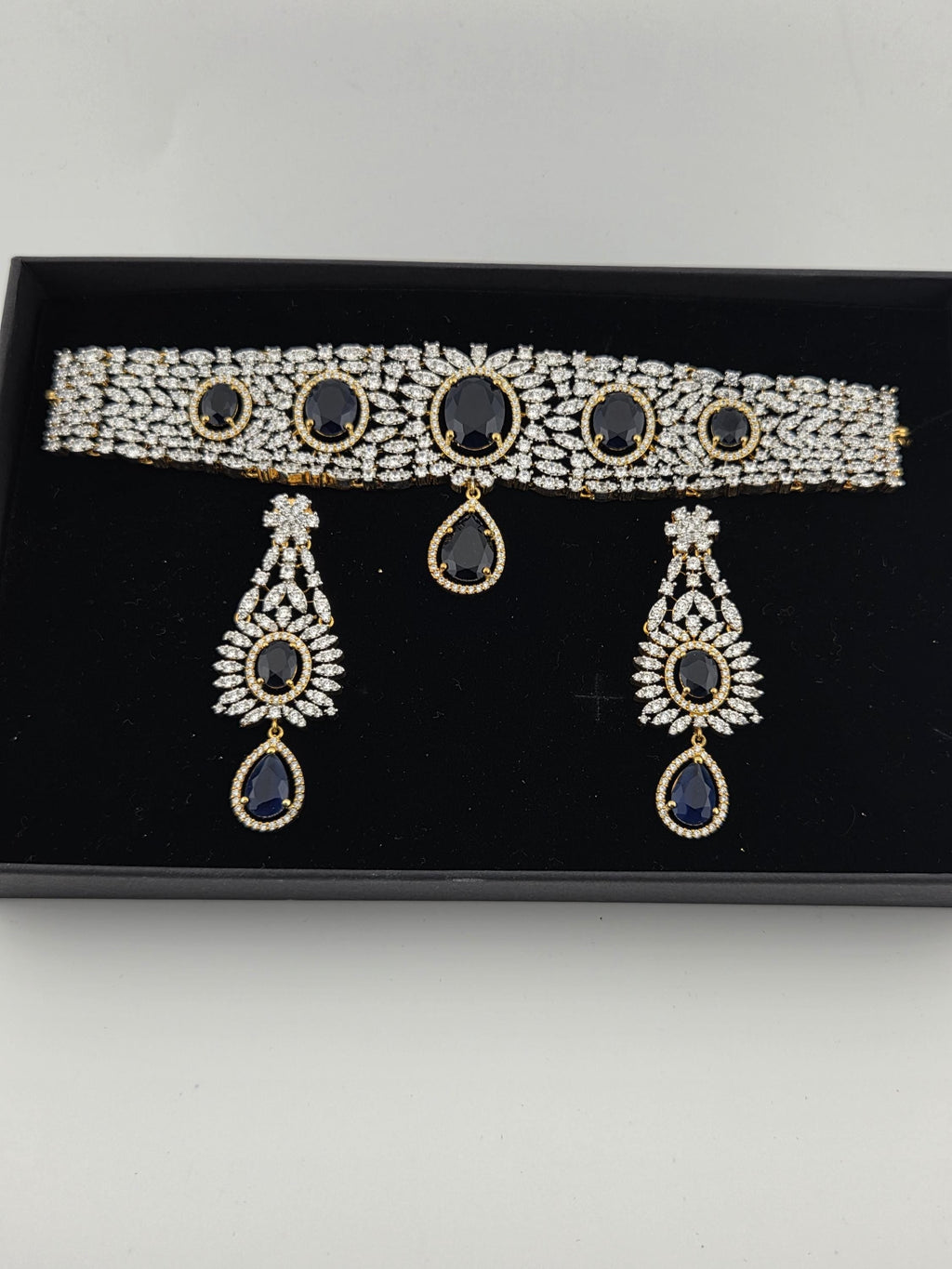 Gold Plated Blue CZ Choker Necklace & Drop Earrings Set