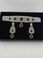 Gold Plated Blue CZ Choker Necklace & Drop Earrings Set