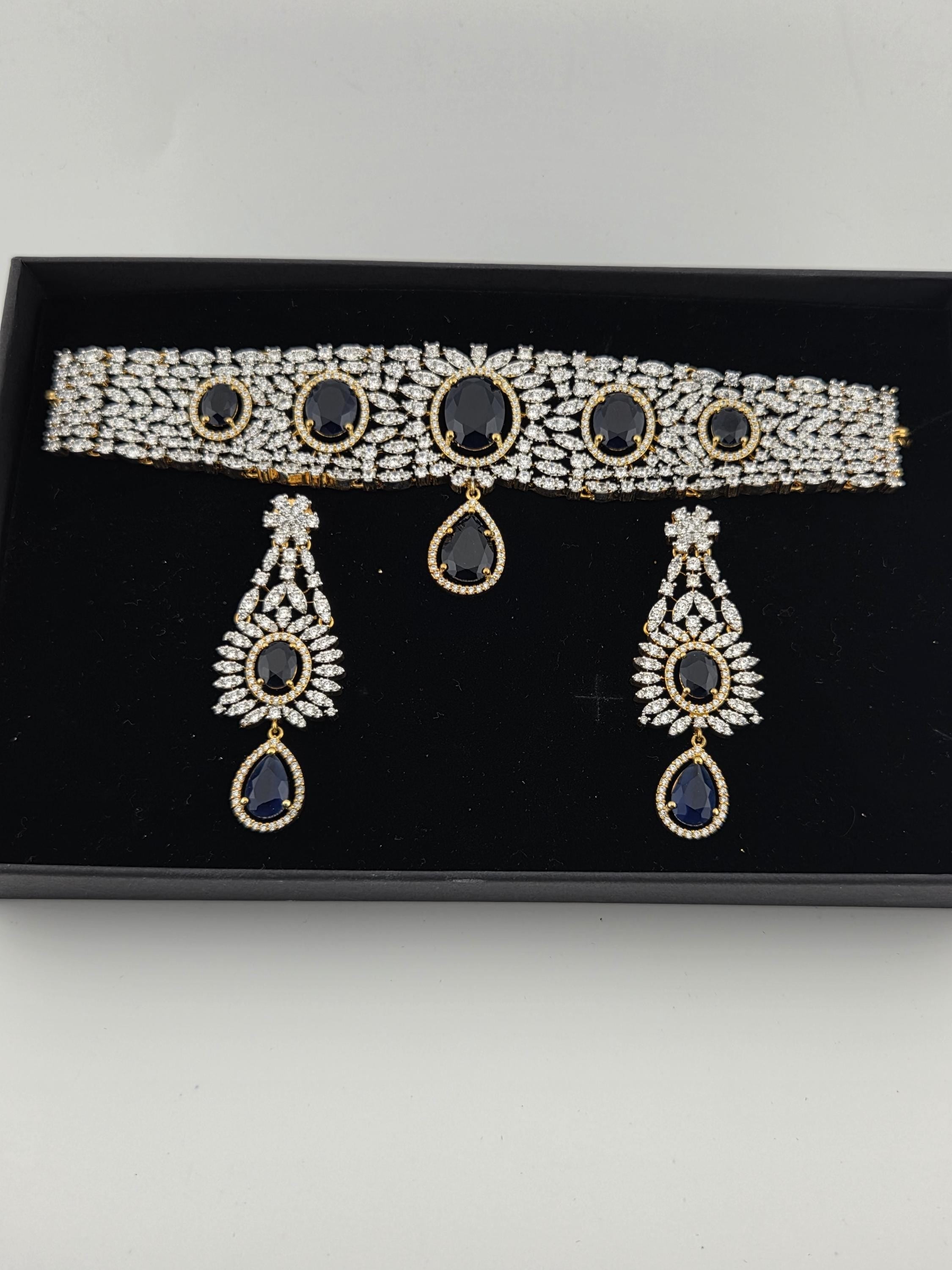 Gold Plated Blue CZ Choker Necklace & Drop Earrings Set