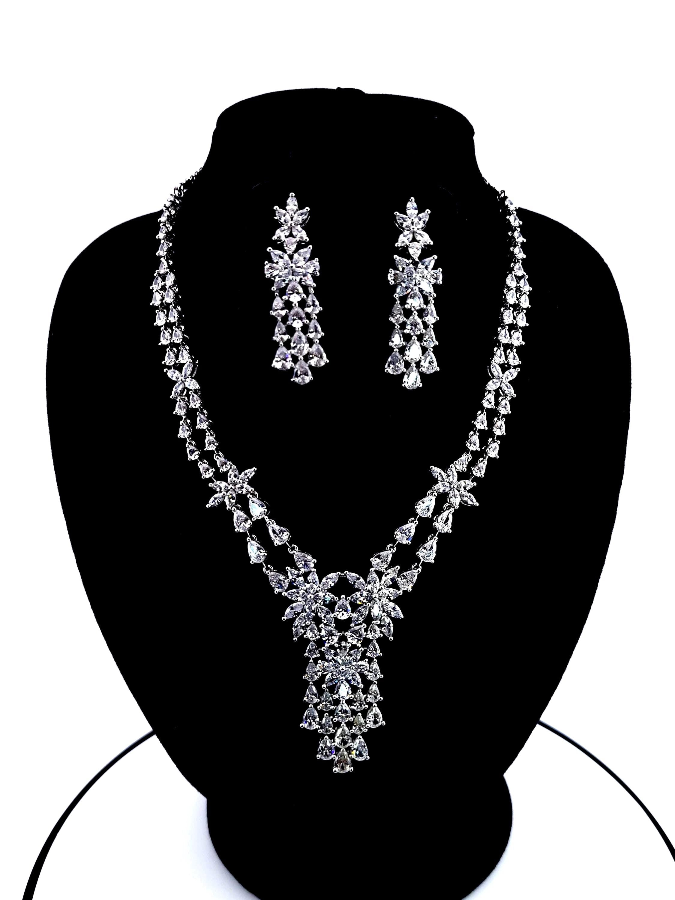 CZ Bridal Necklace & Earring Set | Silver Plated | Red, White & Emerald Green