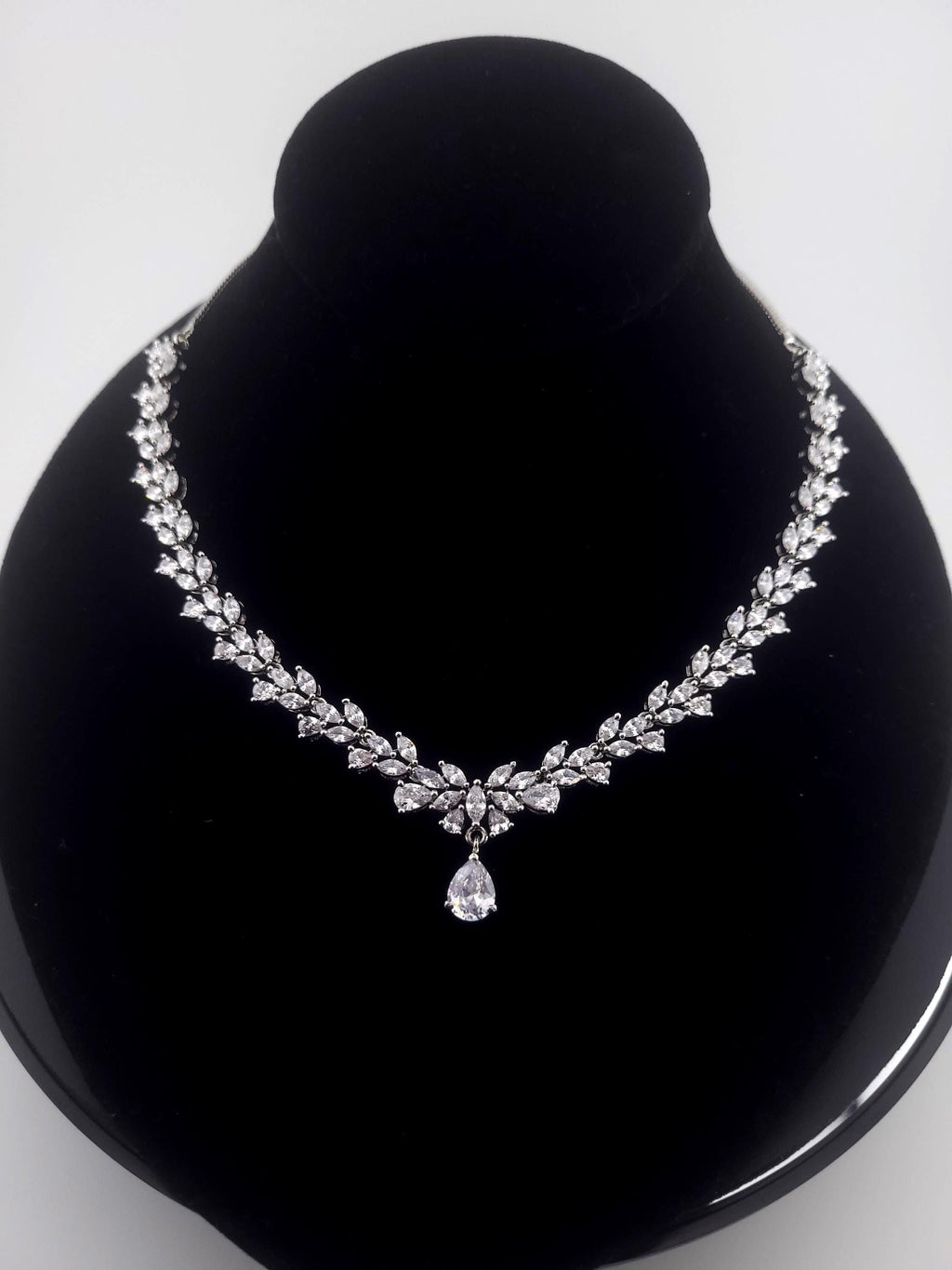 Bridal Teardrop CZ Necklace and Earring Set | Silver-Plated Wedding Jewelry