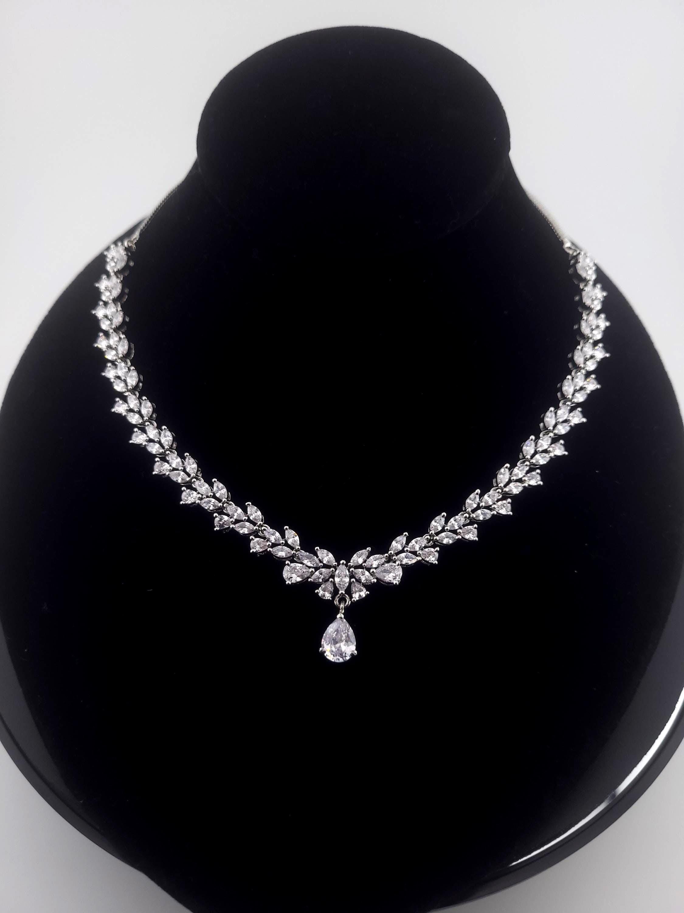 Bridal Teardrop CZ Necklace and Earring Set | Silver-Plated Wedding Jewelry