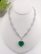 Emerald Green Heart CZ Necklace & Earrings Set – Silver Tone Jewelry
