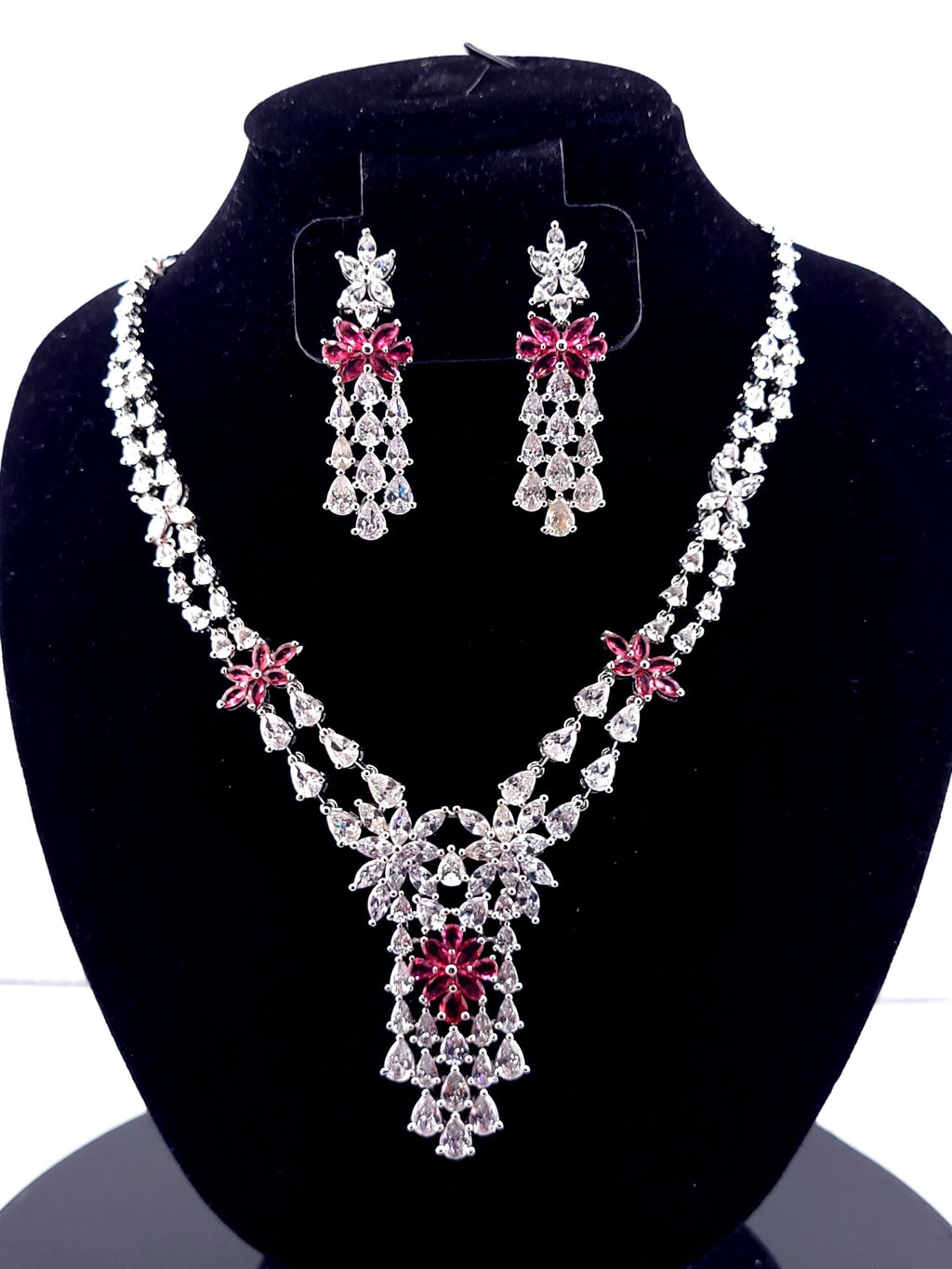 CZ Bridal Necklace & Earring Set | Silver Plated | Red, White & Emerald Green