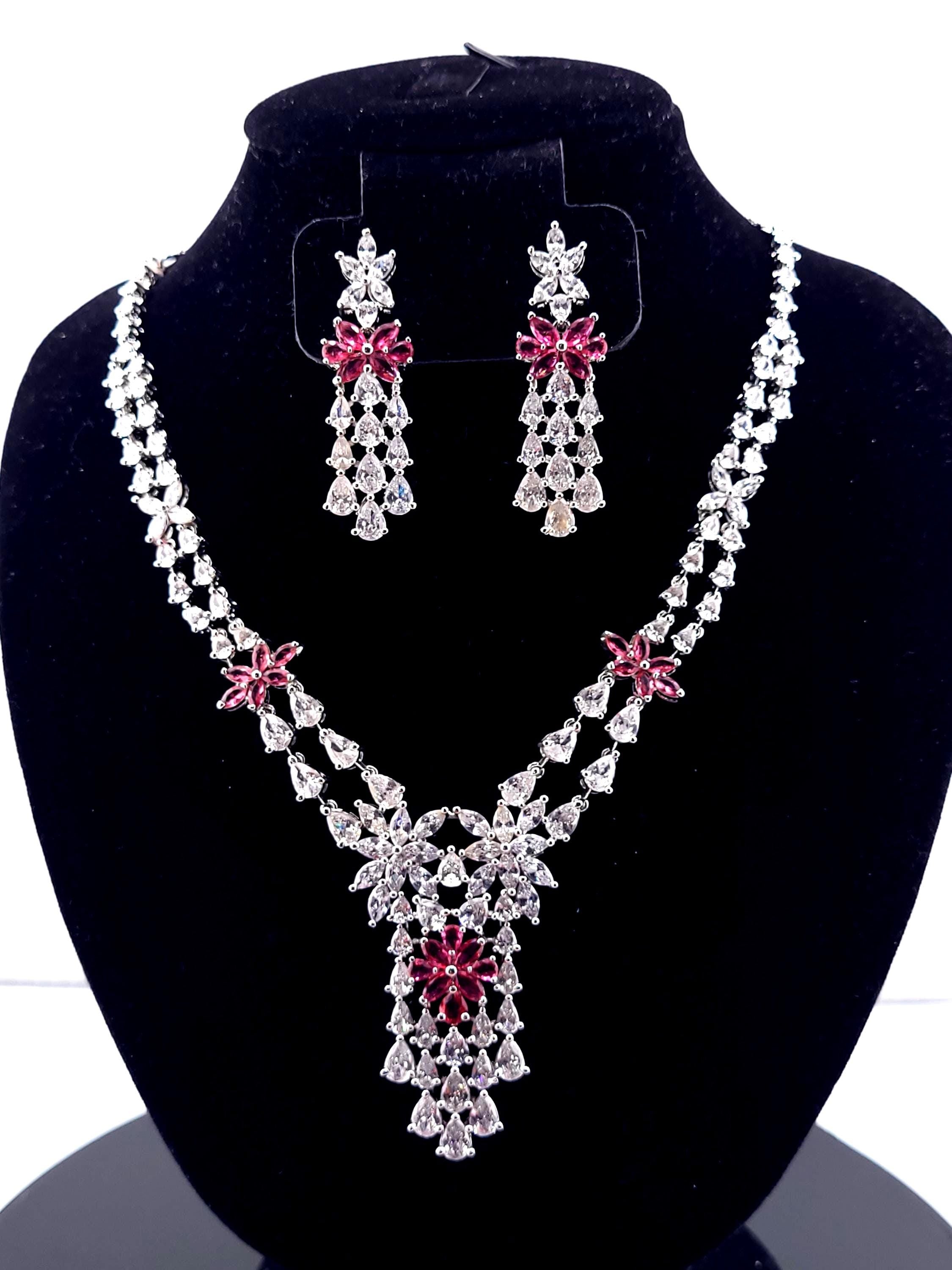 CZ Bridal Necklace & Earring Set | Silver Plated | Red, White & Emerald Green