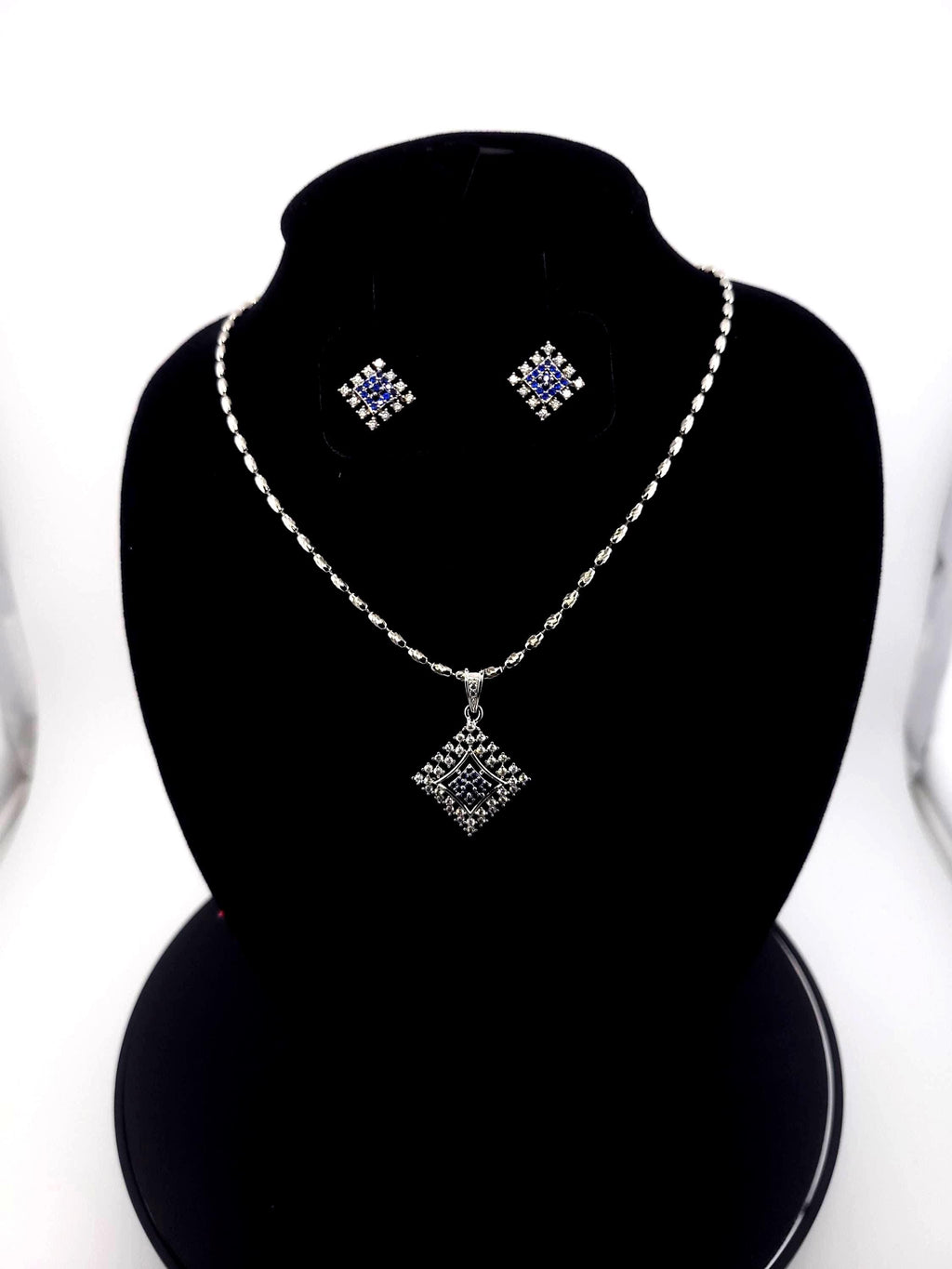 Diamond Shape CZ Pendant & Earrings Set – Red, Blue or Purple, Silver Tone