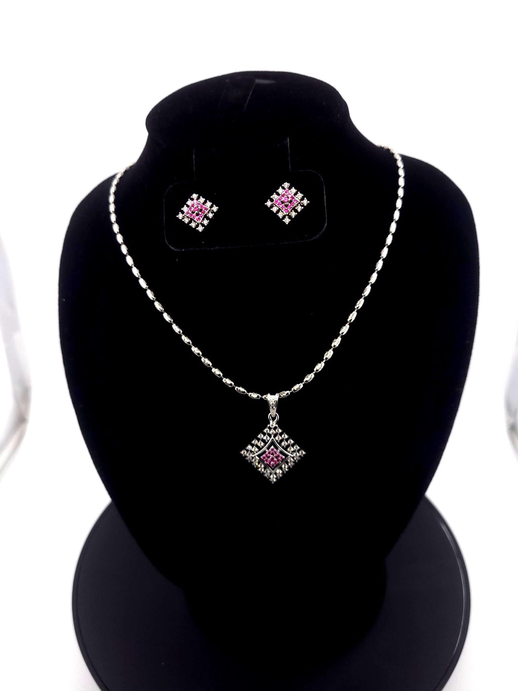 Diamond Shape CZ Pendant & Earrings Set – Red, Blue or Purple, Silver Tone