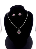 Diamond Shape CZ Pendant & Earrings Set – Red, Blue or Purple, Silver Tone