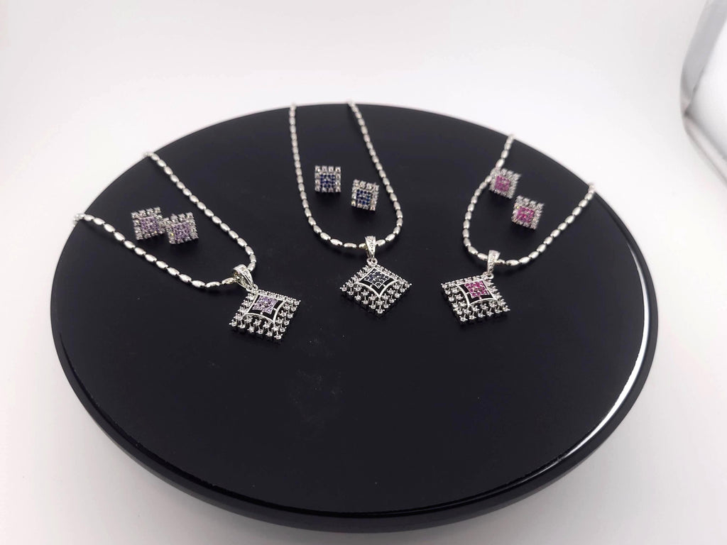 Diamond Shape CZ Pendant & Earrings Set – Red, Blue or Purple, Silver Tone