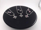 Diamond Shape CZ Pendant & Earrings Set – Red, Blue or Purple, Silver Tone