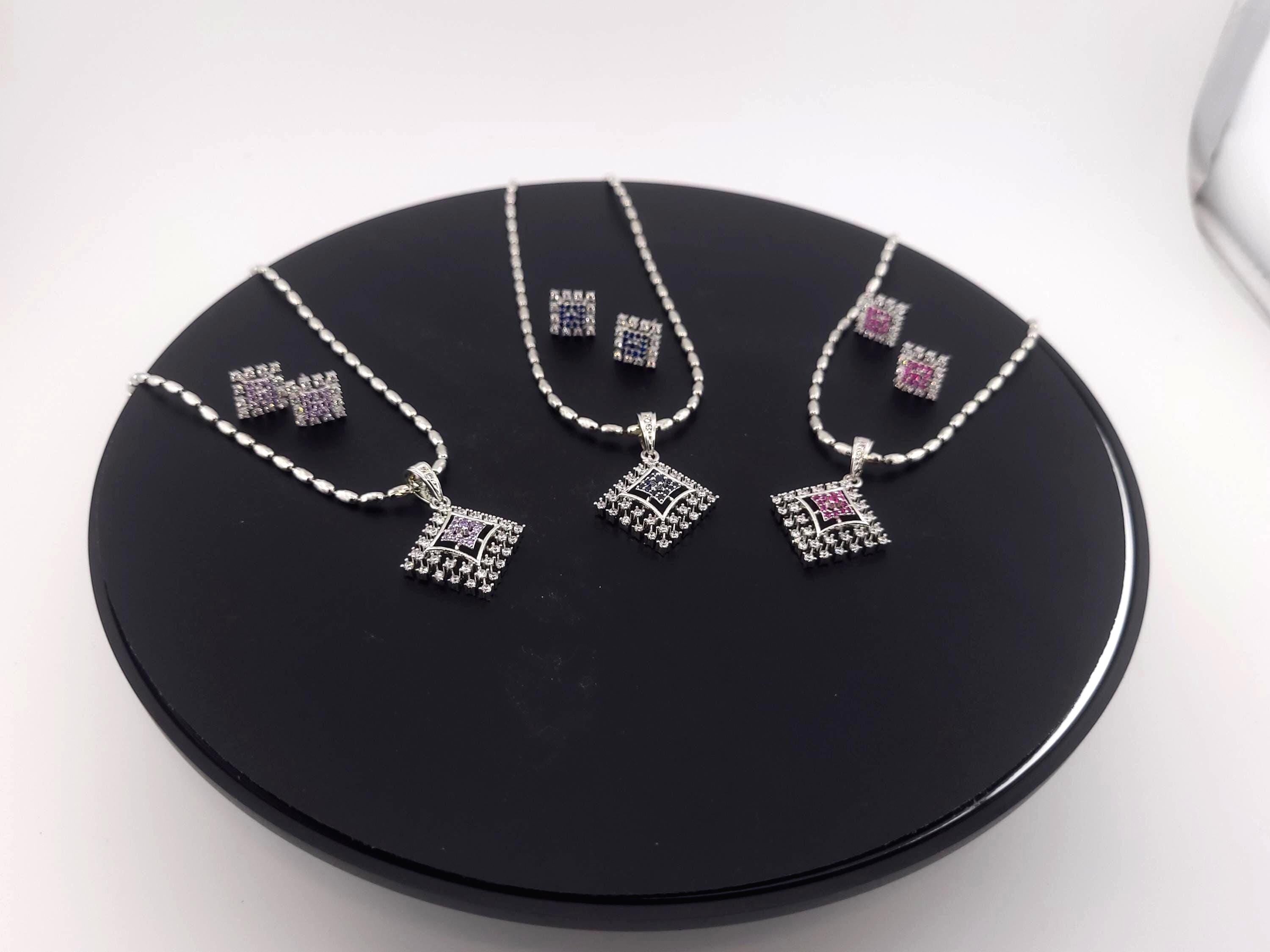 Diamond Shape CZ Pendant & Earrings Set – Red, Blue or Purple, Silver Tone