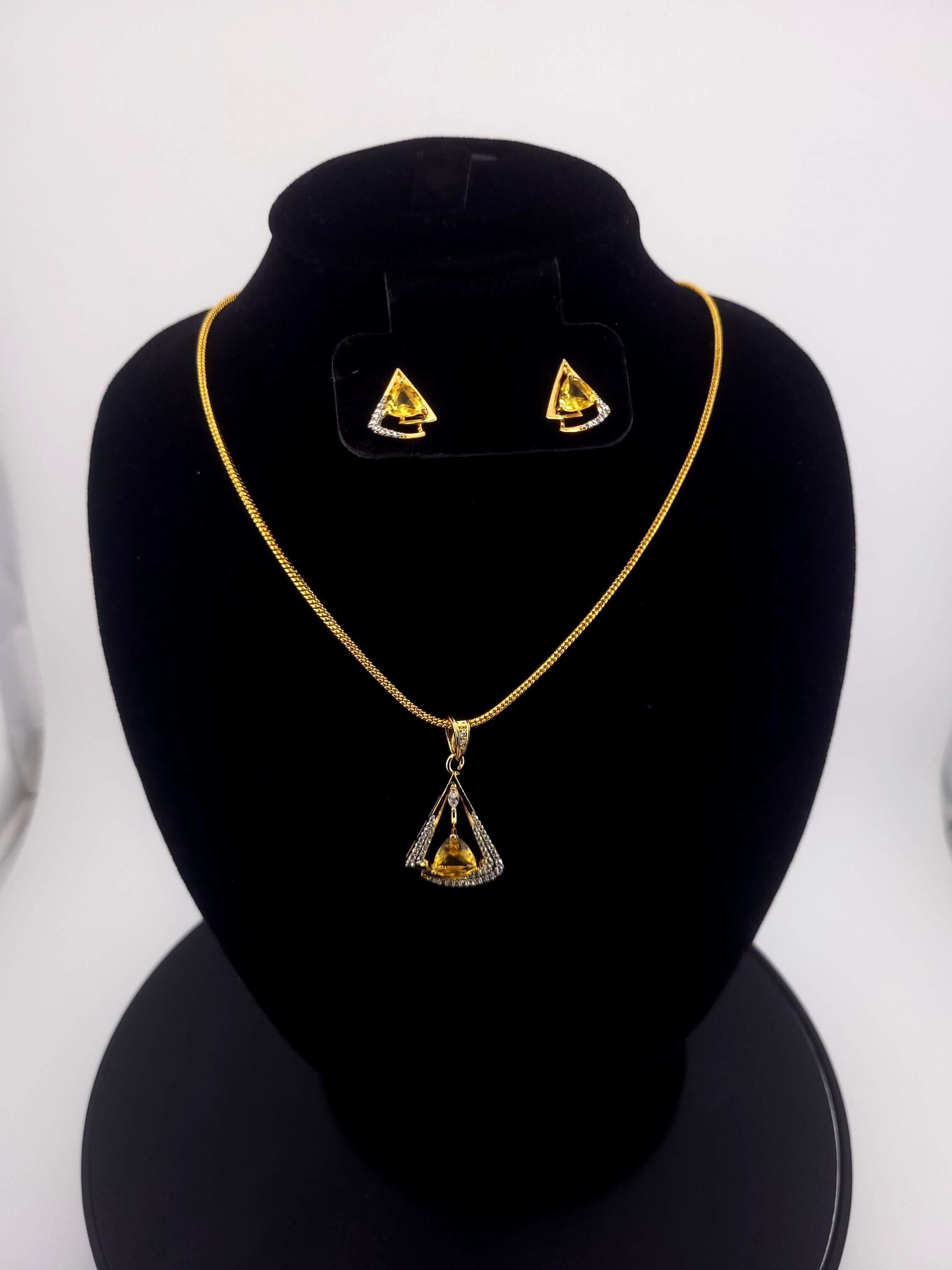 Triangle CZ Pendant & Earrings Set – Clear, Red, Yellow or Blue, Gold Tone