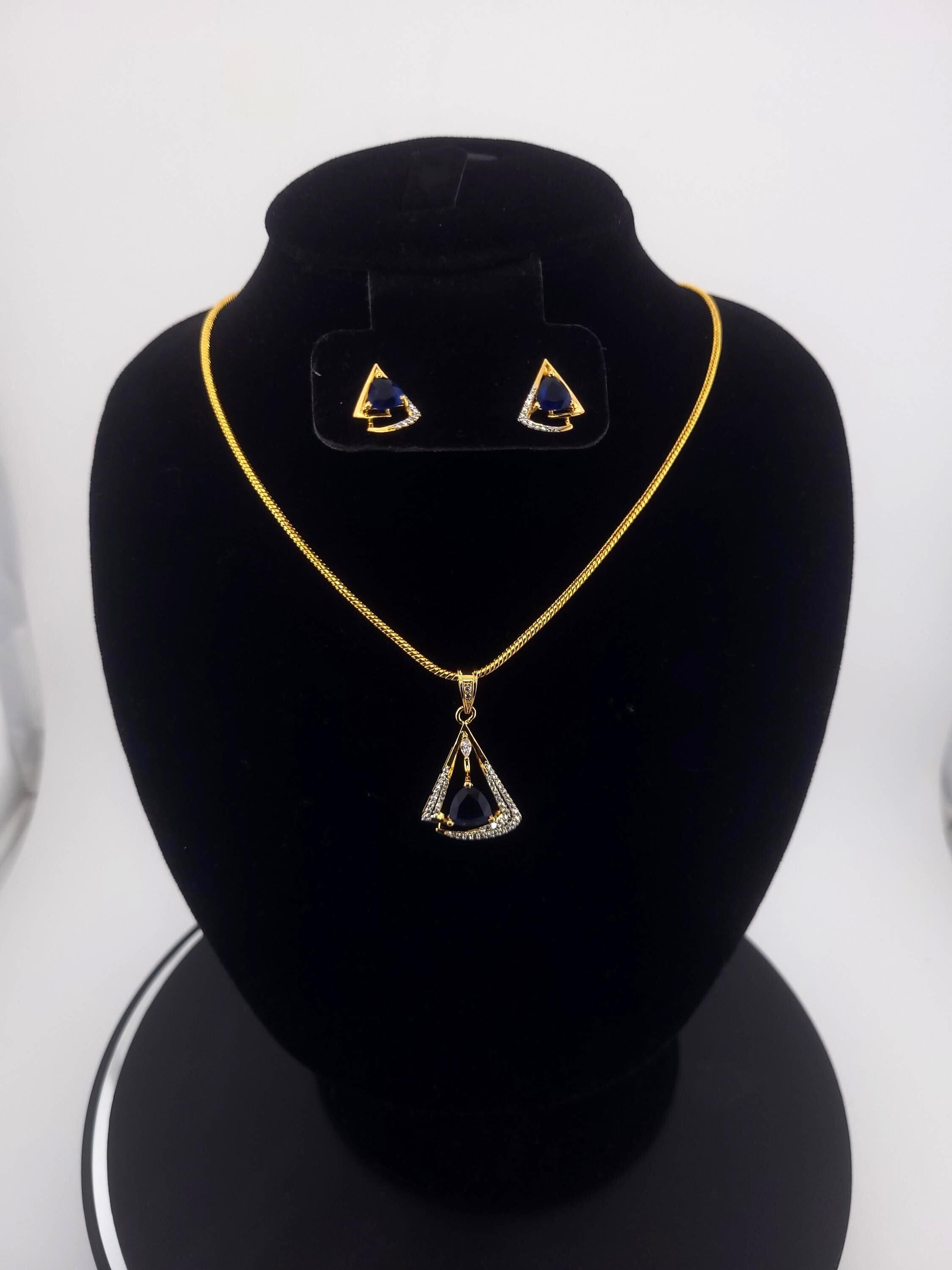 Triangle CZ Pendant & Earrings Set – Clear, Red, Yellow or Blue, Gold Tone