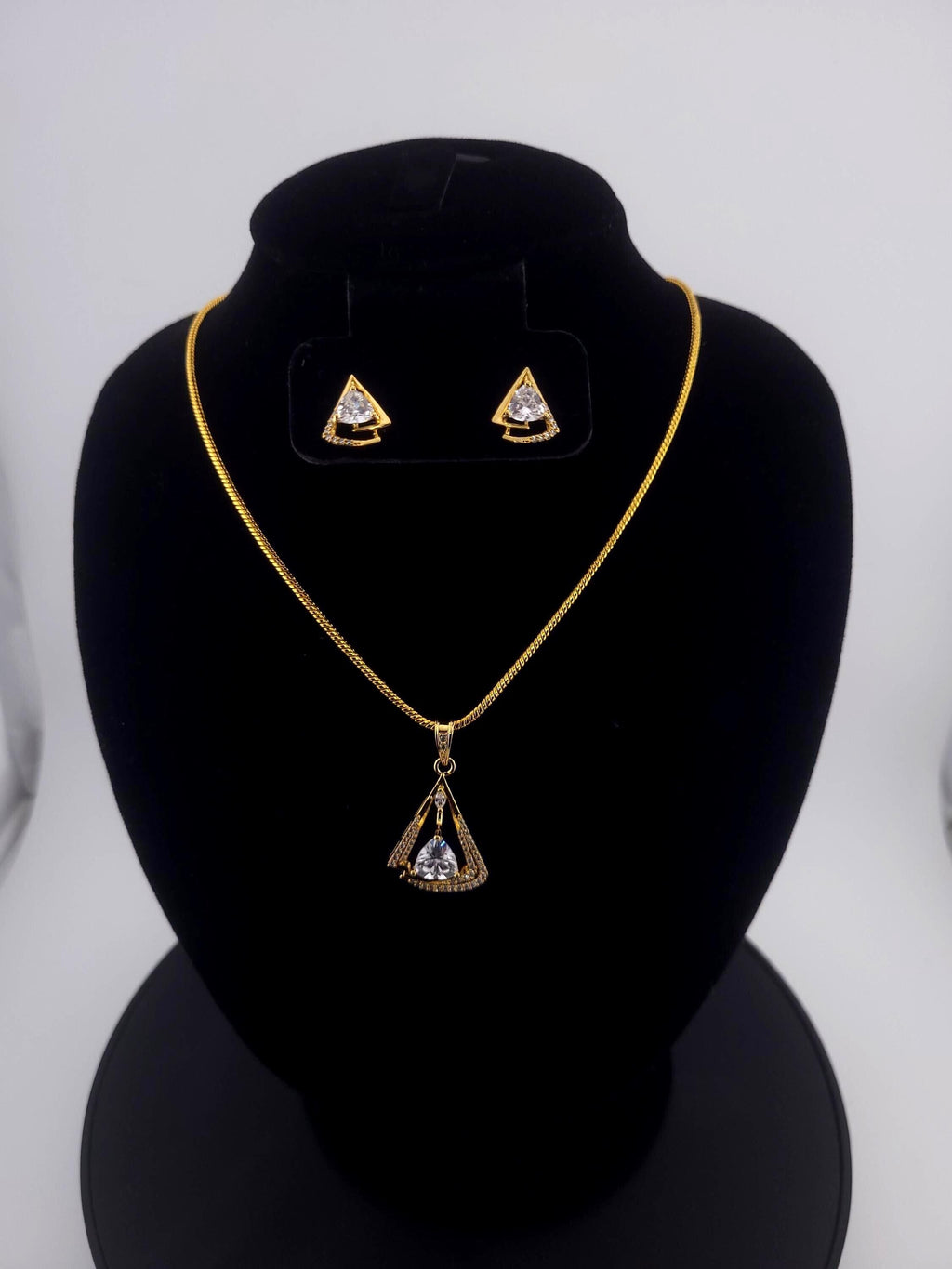 Triangle CZ Pendant & Earrings Set – Clear, Red, Yellow or Blue, Gold Tone