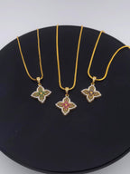 Four-Leaf Flower CZ Pendant Necklace – Red, Blue or Green, Gold Plated
