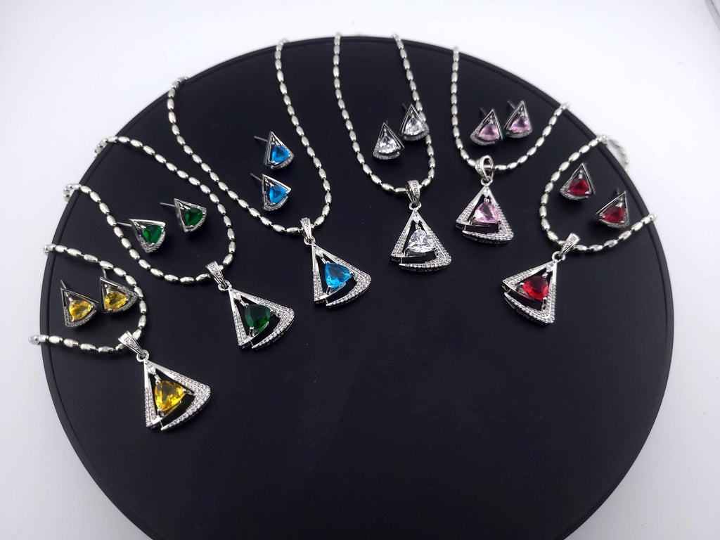 Triangle CZ Pendant Necklace Set | Silver Geometric Jewelry Gift