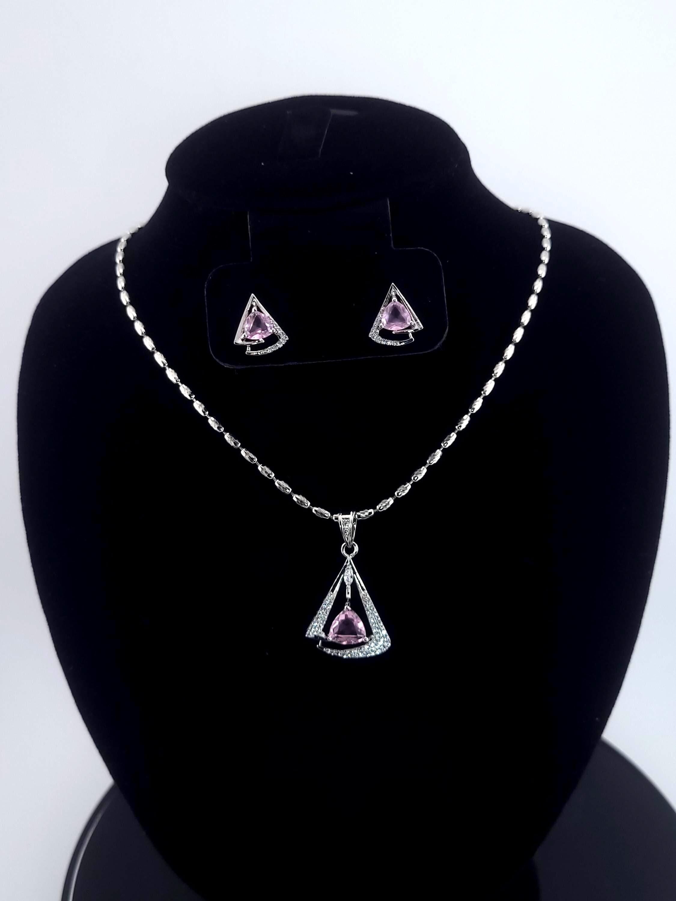 Triangle CZ Pendant Necklace Set | Silver Geometric Jewelry Gift