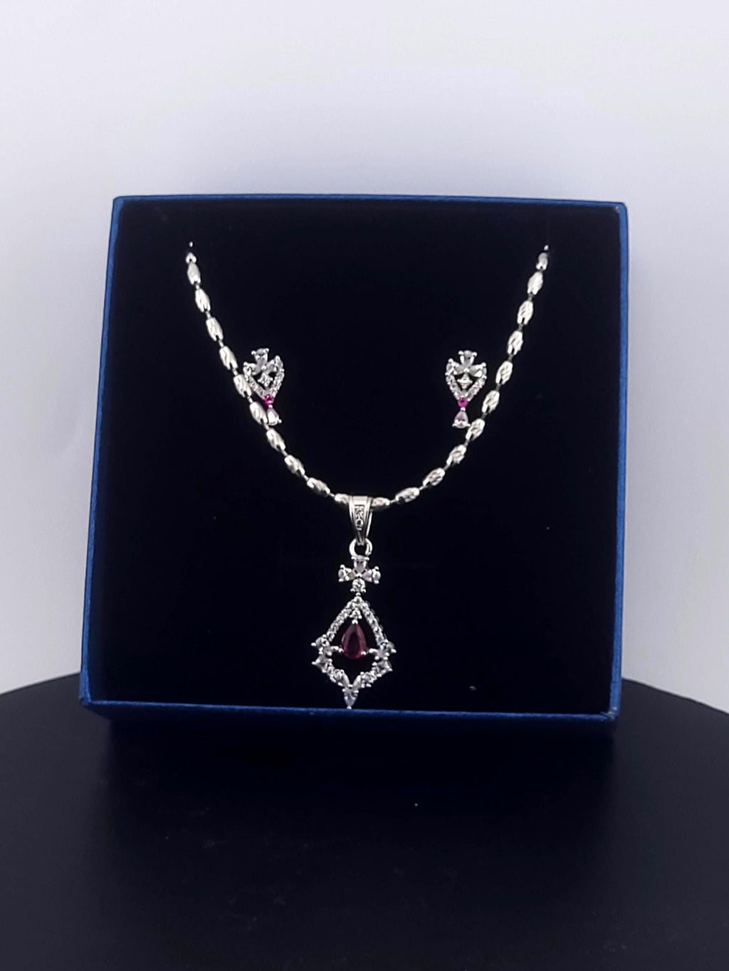 CZ Pendant Necklace Set – Red & Blue Stone, Minimalist Jewelry