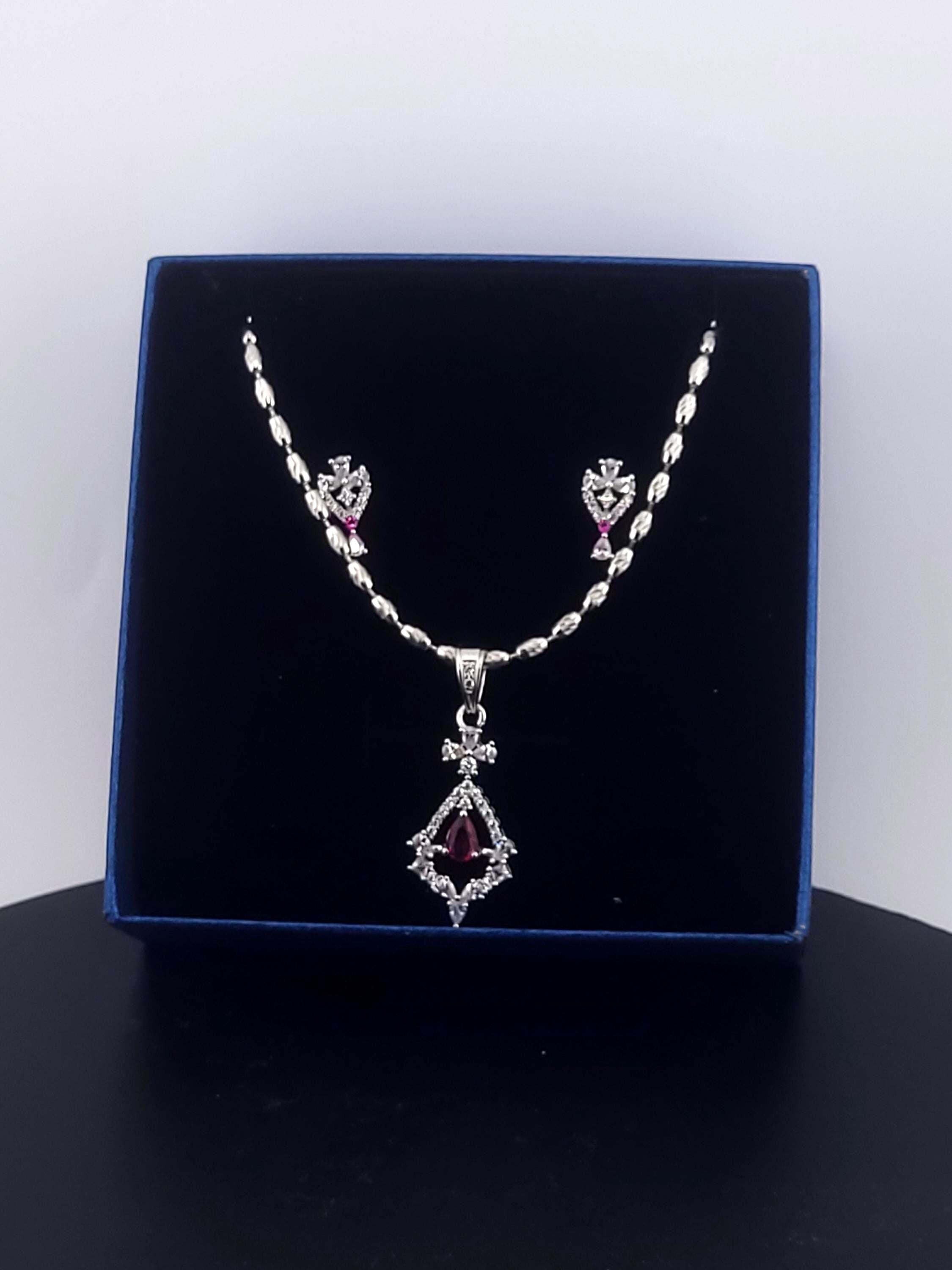 CZ Pendant Necklace Set – Red & Blue Stone, Minimalist Jewelry
