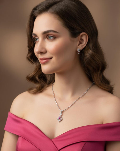CZ Pendant Necklace Set – Red & Blue Stone, Minimalist Jewelry