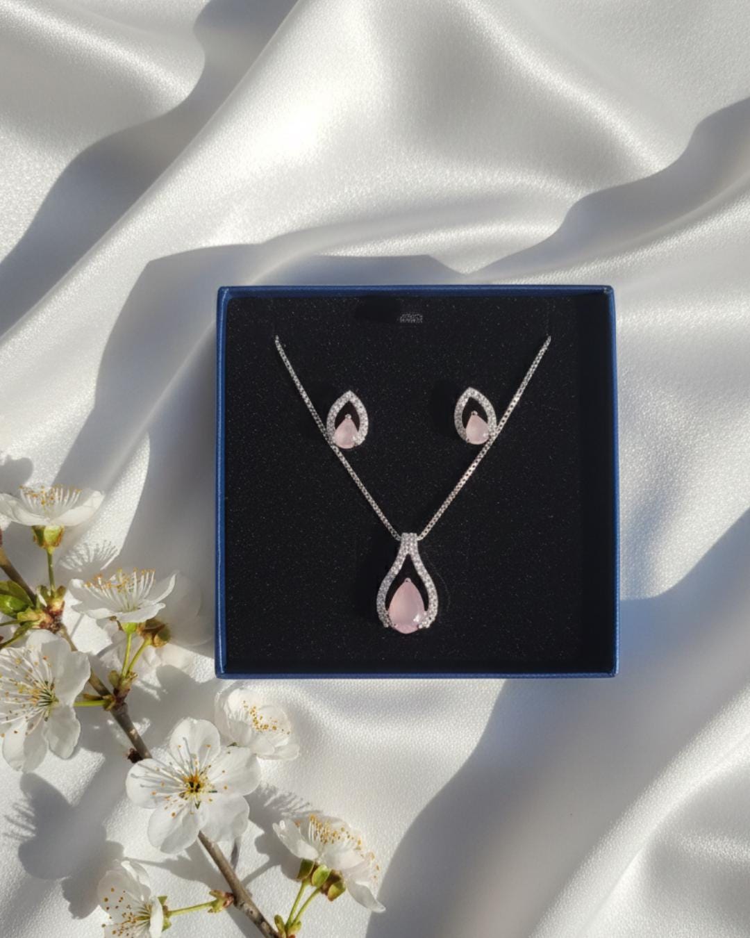 Teardrop CZ Pendant Necklace and Earrings Set, Silver-Tone Crystal Jewelry
