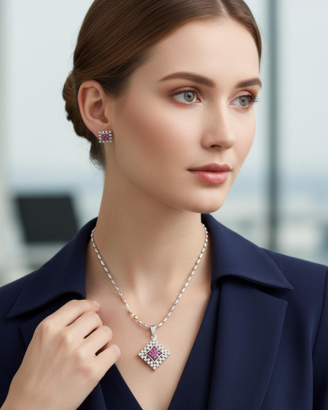Diamond Shape CZ Pendant & Earrings Set – Red, Blue or Purple, Silver Tone