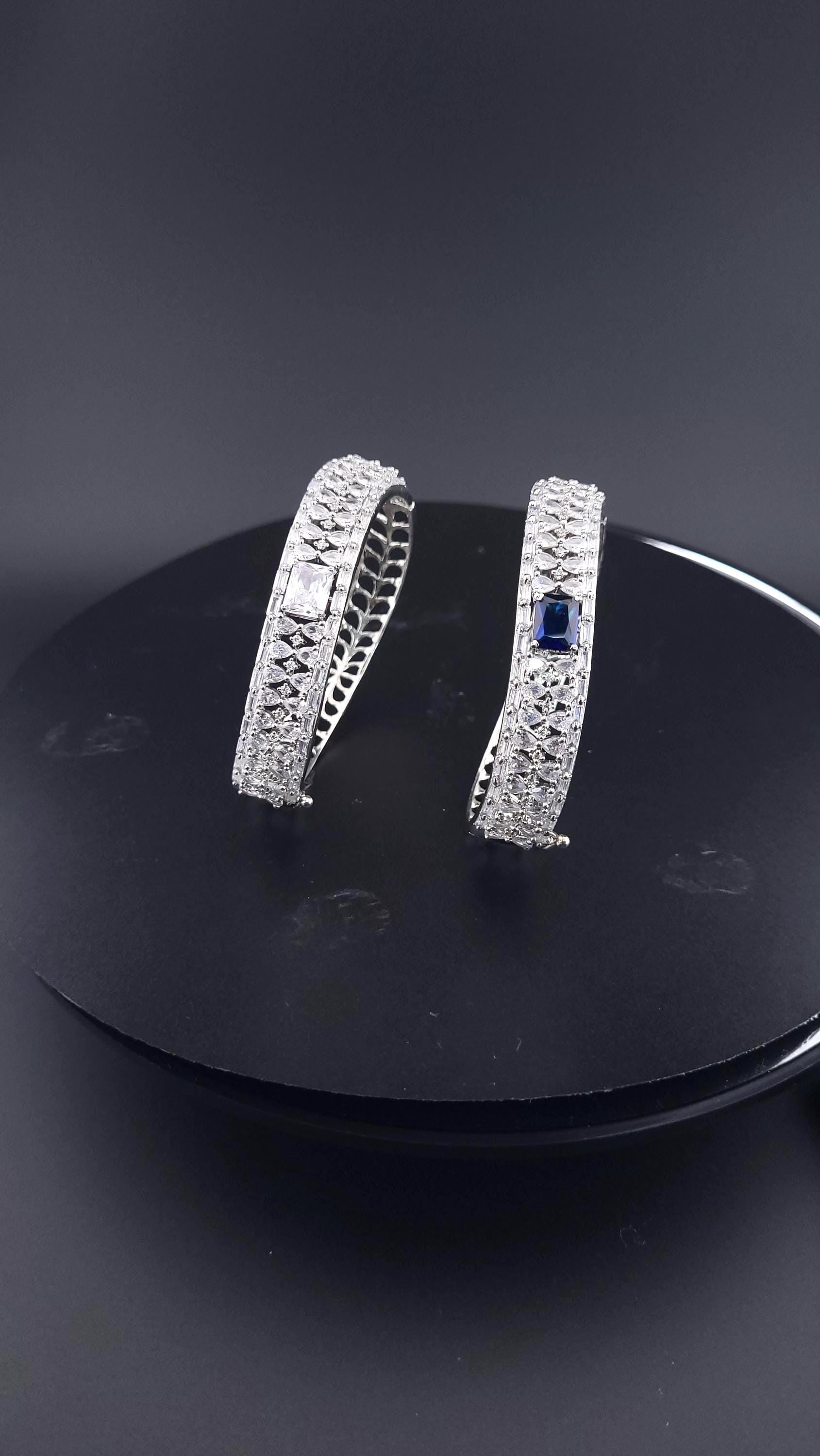 Vintage Inspired CZ Bangle Bracelet – Blue or Clear, Elegant Party & Wedding Jewelry