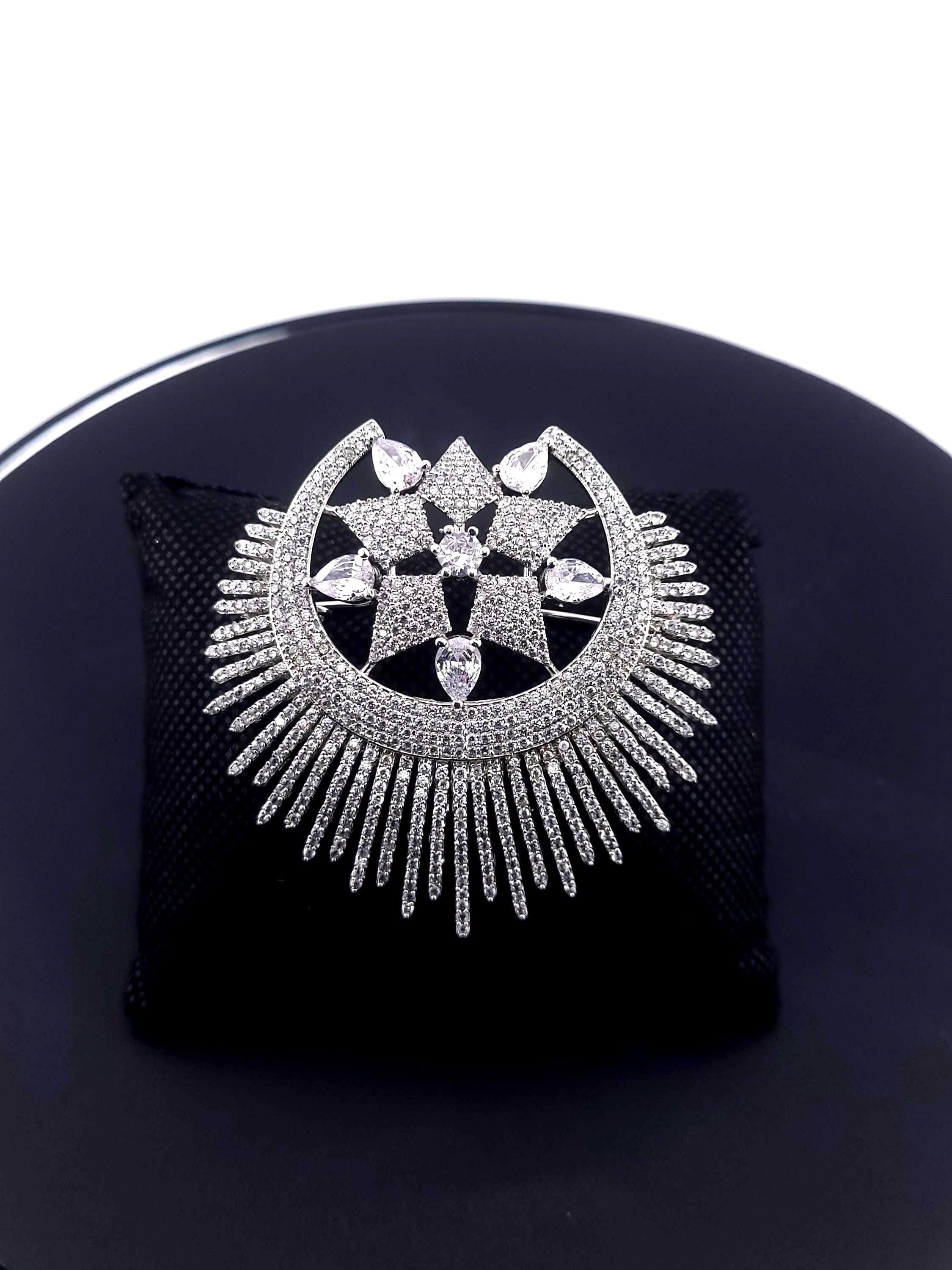 Cubic Zirconia Vintage Silver Brooch | Round Crystal & Pearl Pin