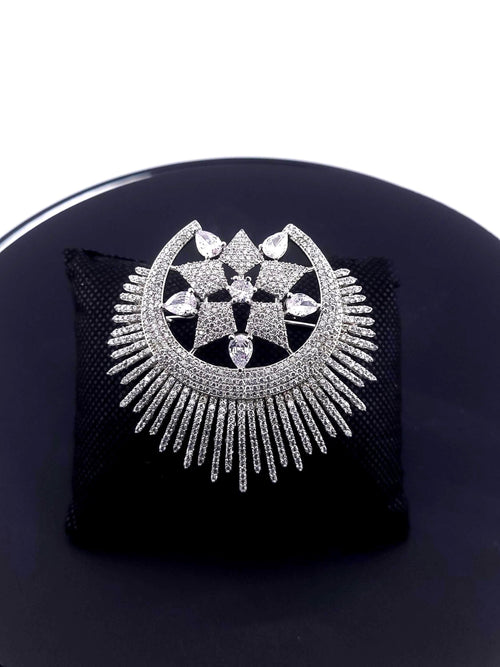 Cubic Zirconia Vintage Silver Brooch | Round Crystal & Pearl Pin