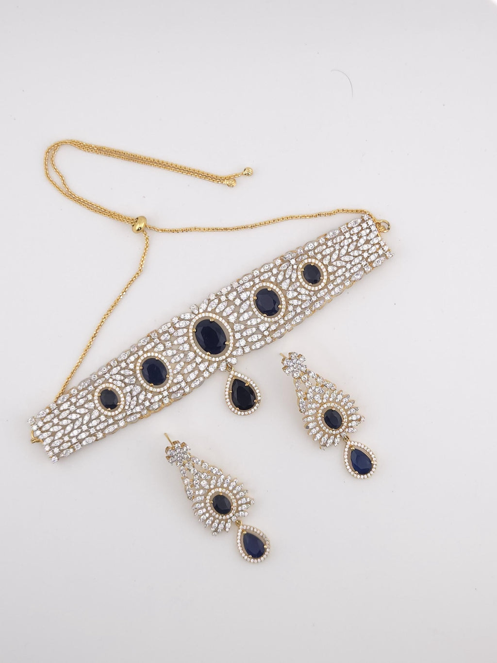 Gold Plated Blue CZ Choker Necklace & Drop Earrings Set