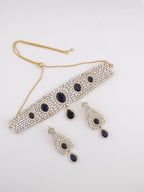 Gold Plated Blue CZ Choker Necklace & Drop Earrings Set