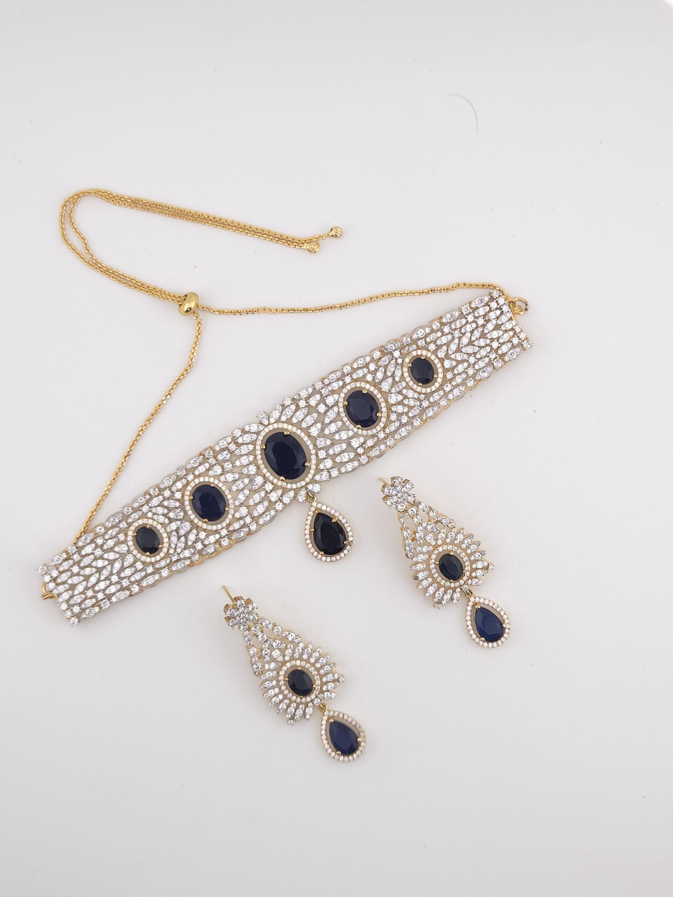 Gold Plated Blue CZ Choker Necklace & Drop Earrings Set