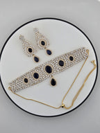 Gold Plated Blue CZ Choker Necklace & Drop Earrings Set