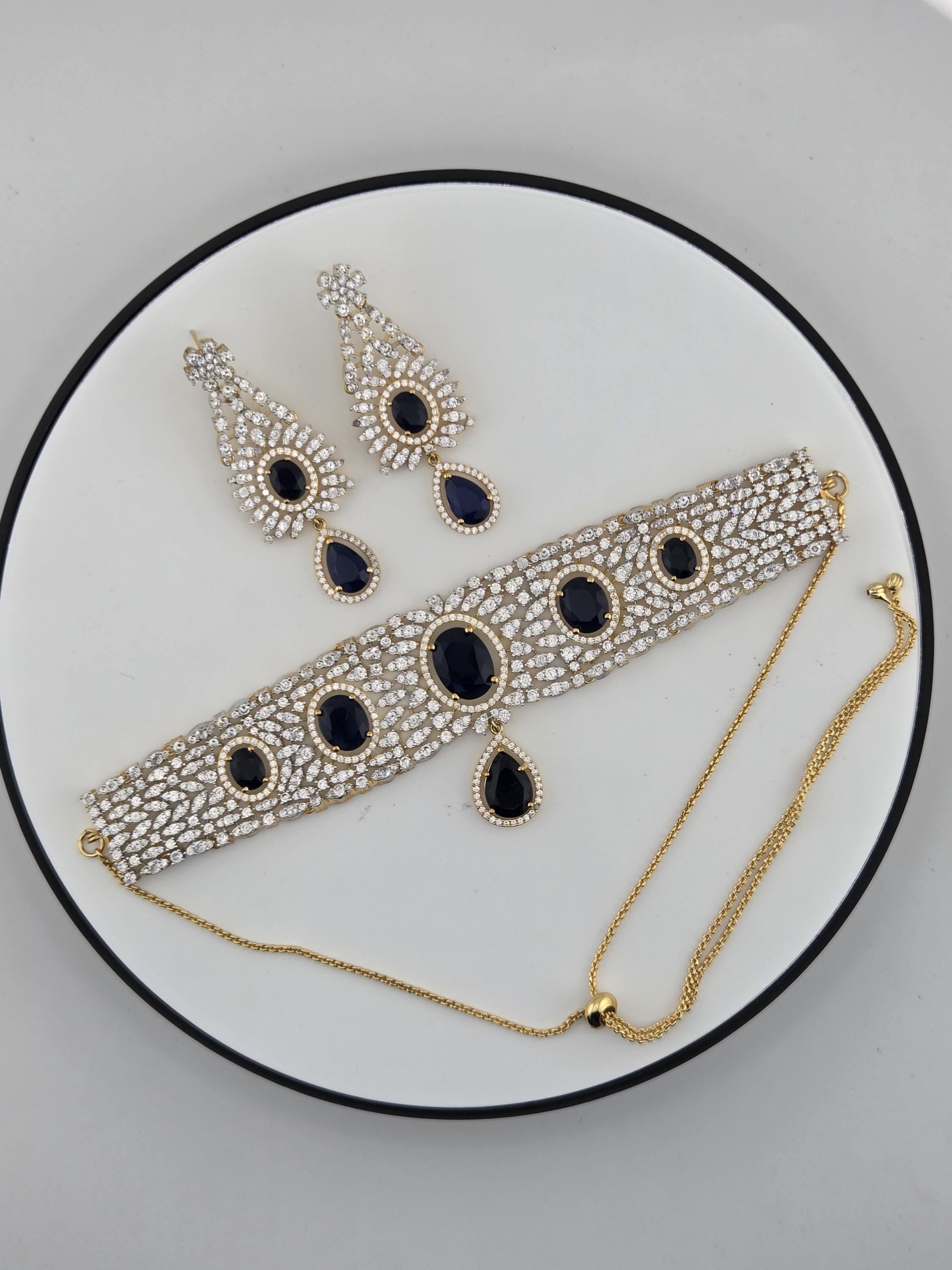 Gold Plated Blue CZ Choker Necklace & Drop Earrings Set