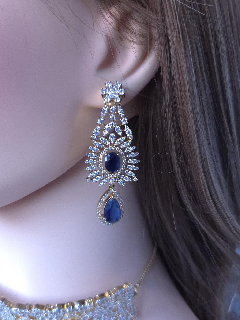 Gold Plated Blue CZ Choker Necklace & Drop Earrings Set