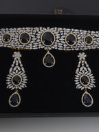 Gold Plated Blue CZ Choker Necklace & Drop Earrings Set