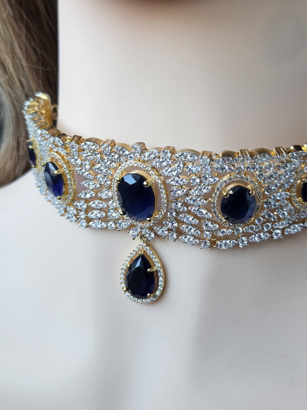 Gold Plated Blue CZ Choker Necklace & Drop Earrings Set
