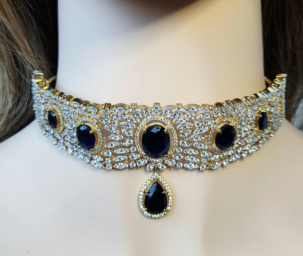 Gold Plated Blue CZ Choker Necklace & Drop Earrings Set