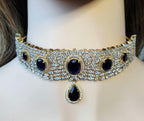 Gold Plated Blue CZ Choker Necklace & Drop Earrings Set