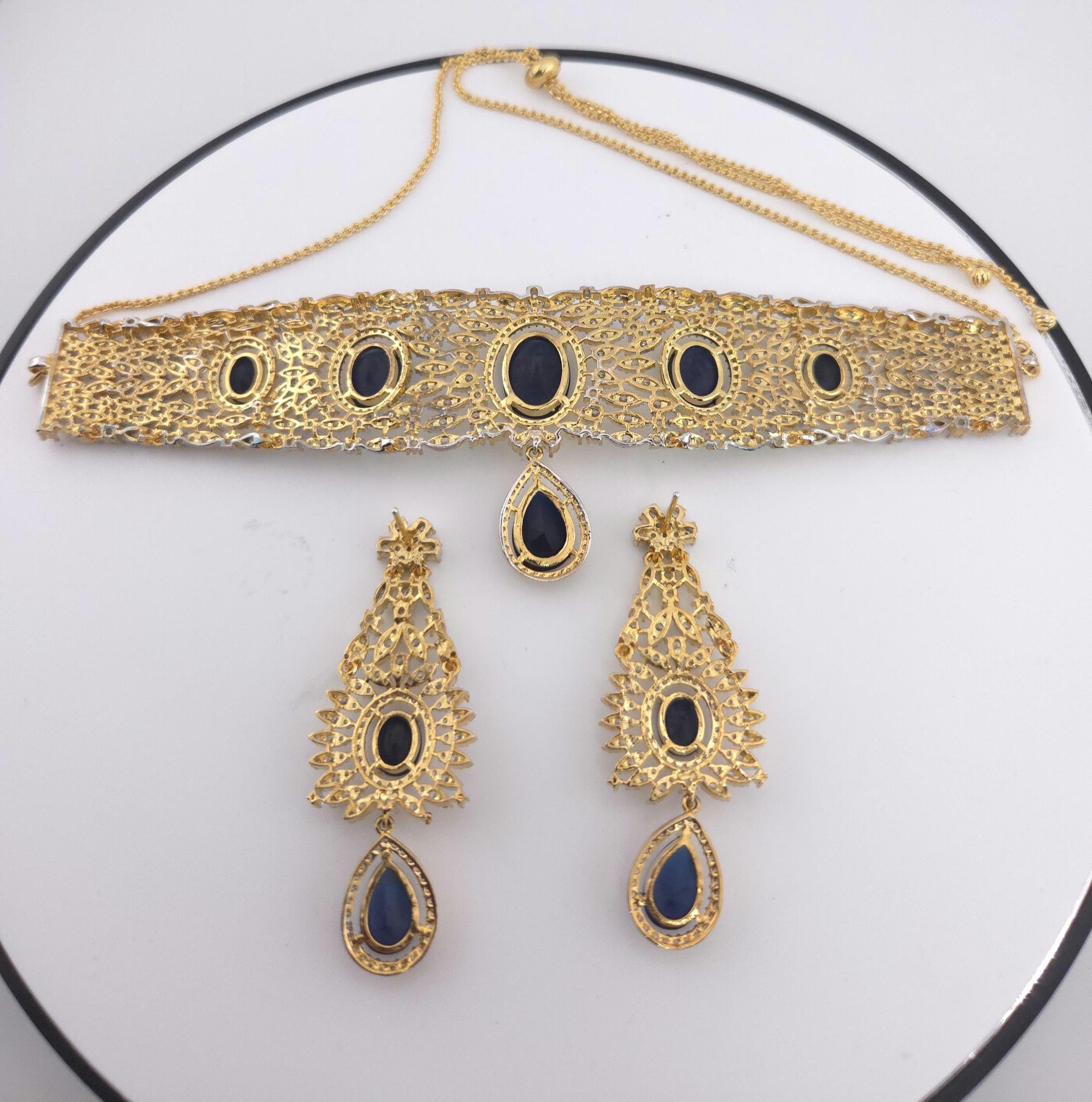 Gold Plated Blue CZ Choker Necklace & Drop Earrings Set