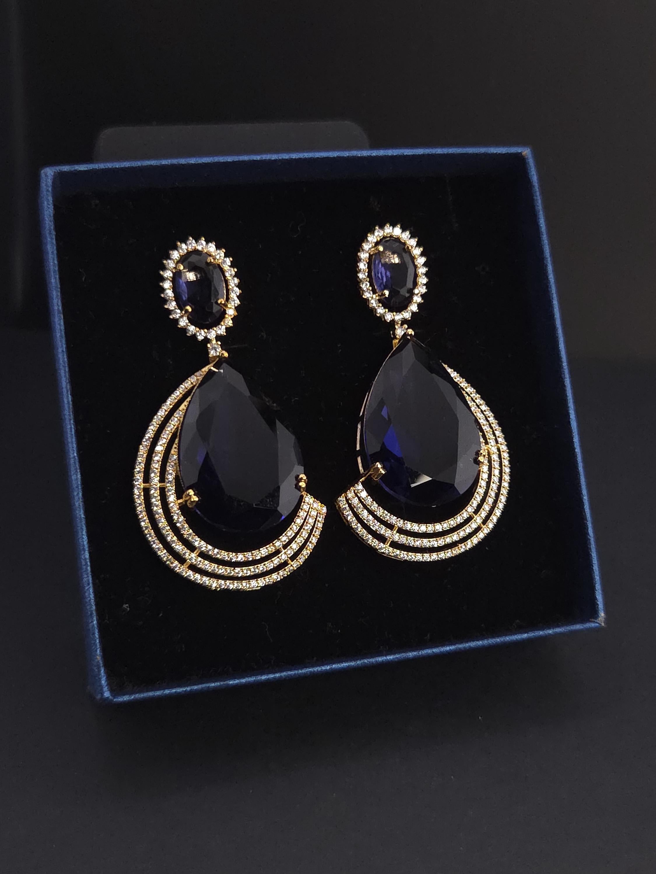 Gold Plated Teardrop CZ Earrings – Blue & Yellow | Bridal Statement Jewelry
