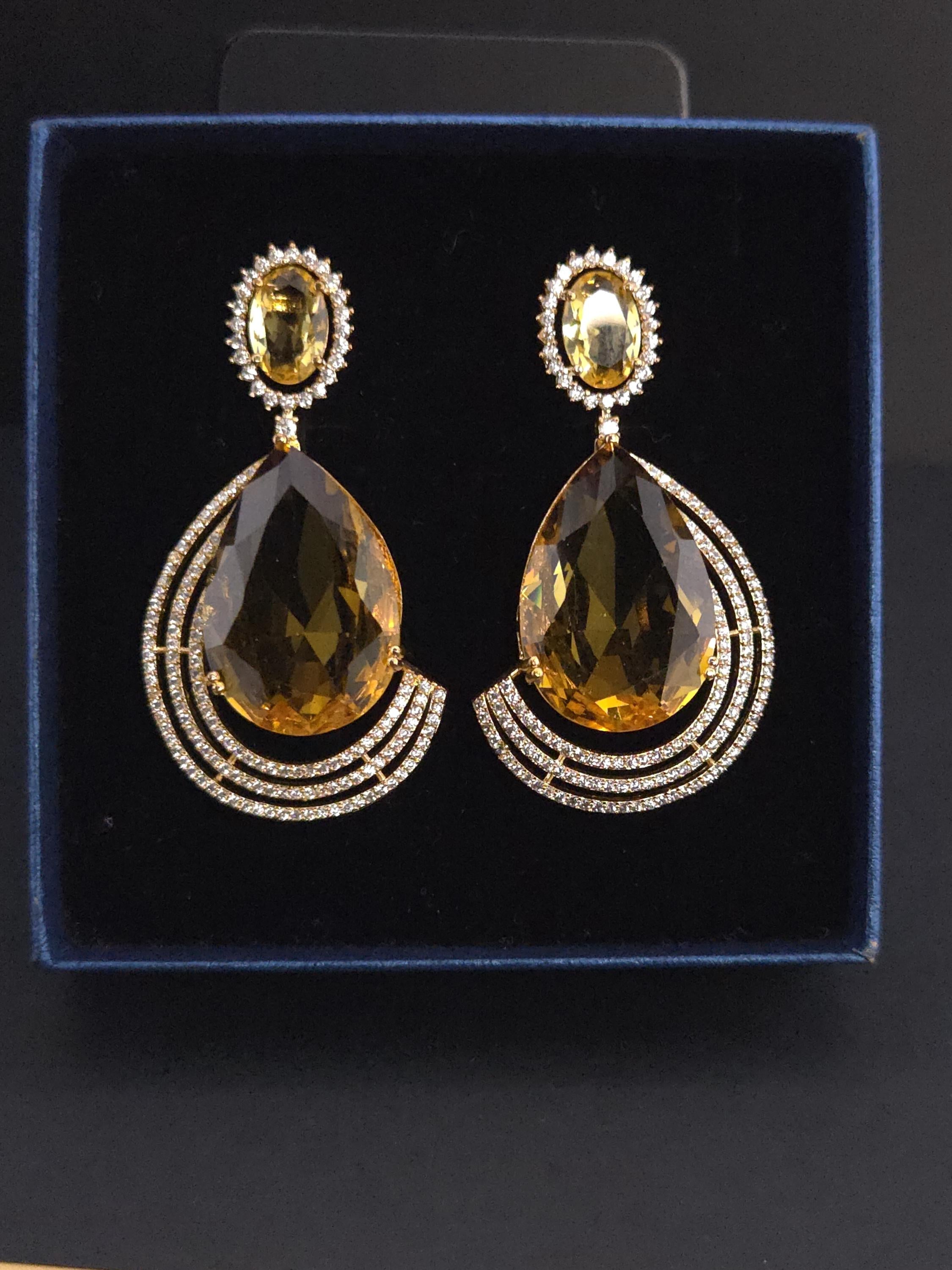 Gold Plated Teardrop CZ Earrings – Blue & Yellow | Bridal Statement Jewelry