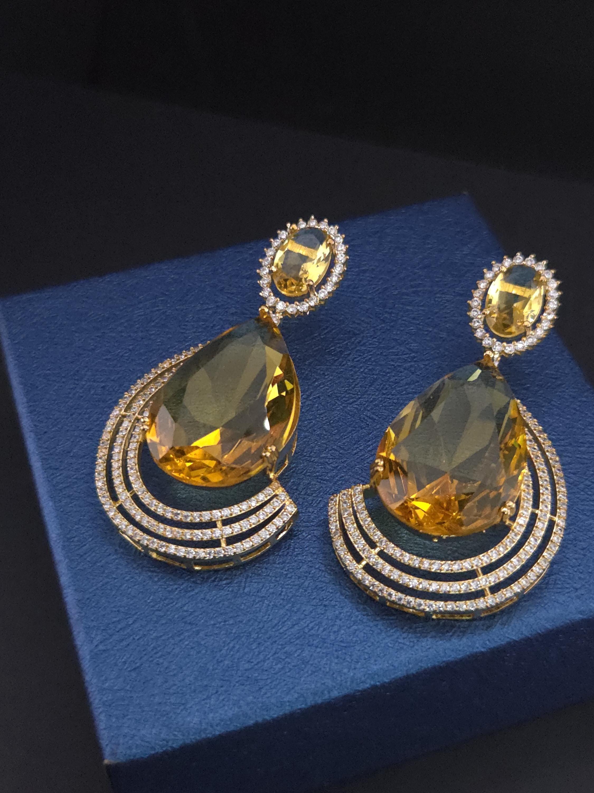 Gold Plated Teardrop CZ Earrings – Blue & Yellow | Bridal Statement Jewelry