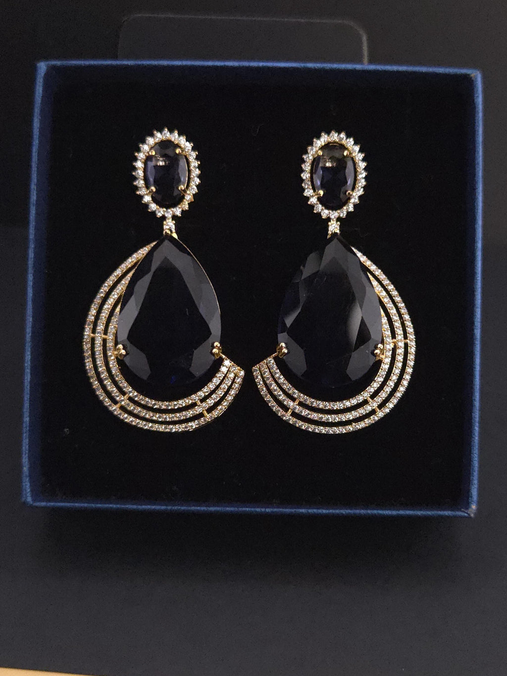 Gold Plated Teardrop CZ Earrings – Blue & Yellow | Bridal Statement Jewelry