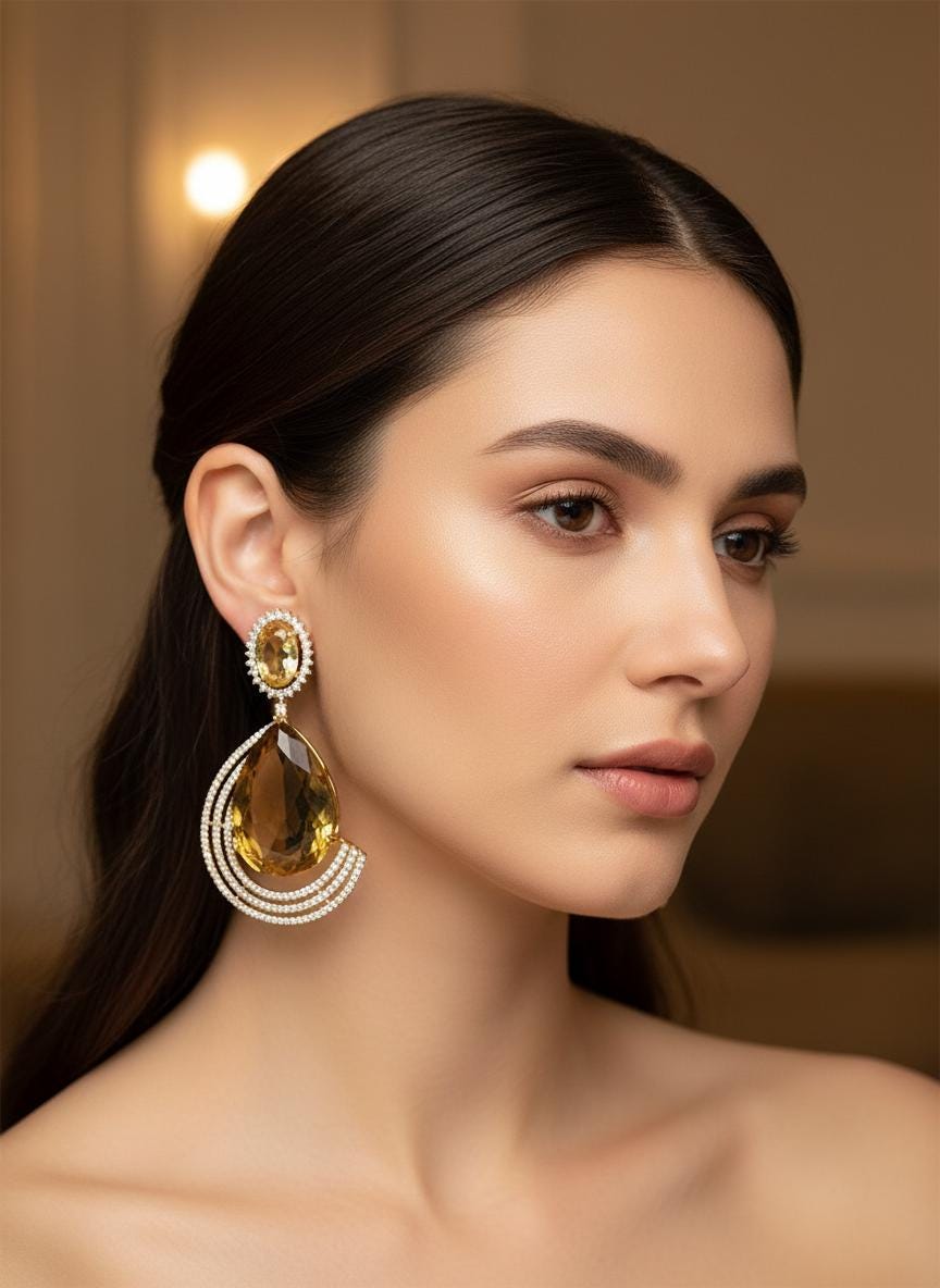 Gold Plated Teardrop CZ Earrings – Blue & Yellow | Bridal Statement Jewelry