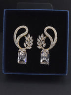 CZ Leaf Statement Drop Earrings – Clear Gold or Blue Silver Plated | Wedding Jewelry