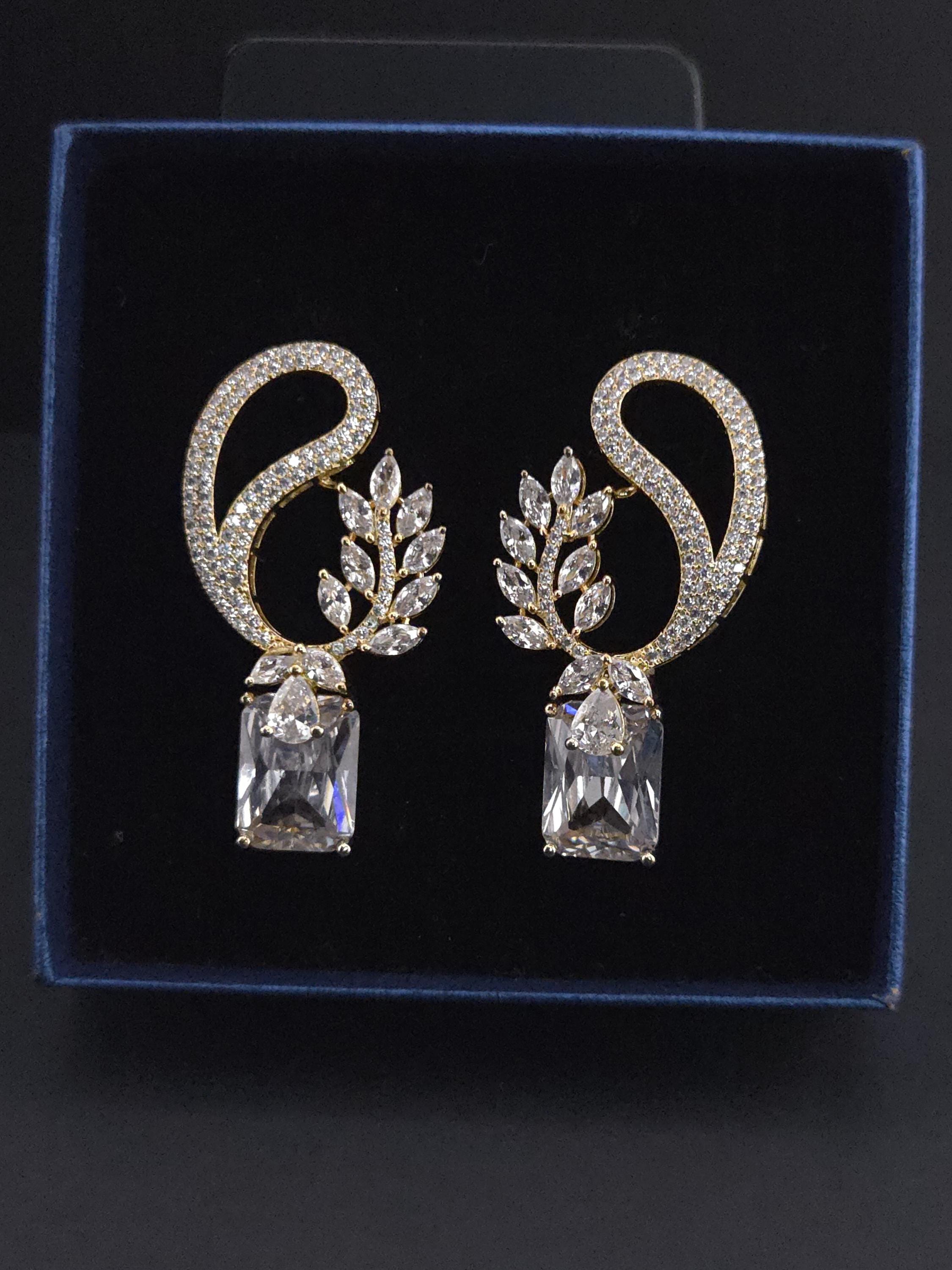 CZ Leaf Statement Drop Earrings – Clear Gold or Blue Silver Plated | Wedding Jewelry