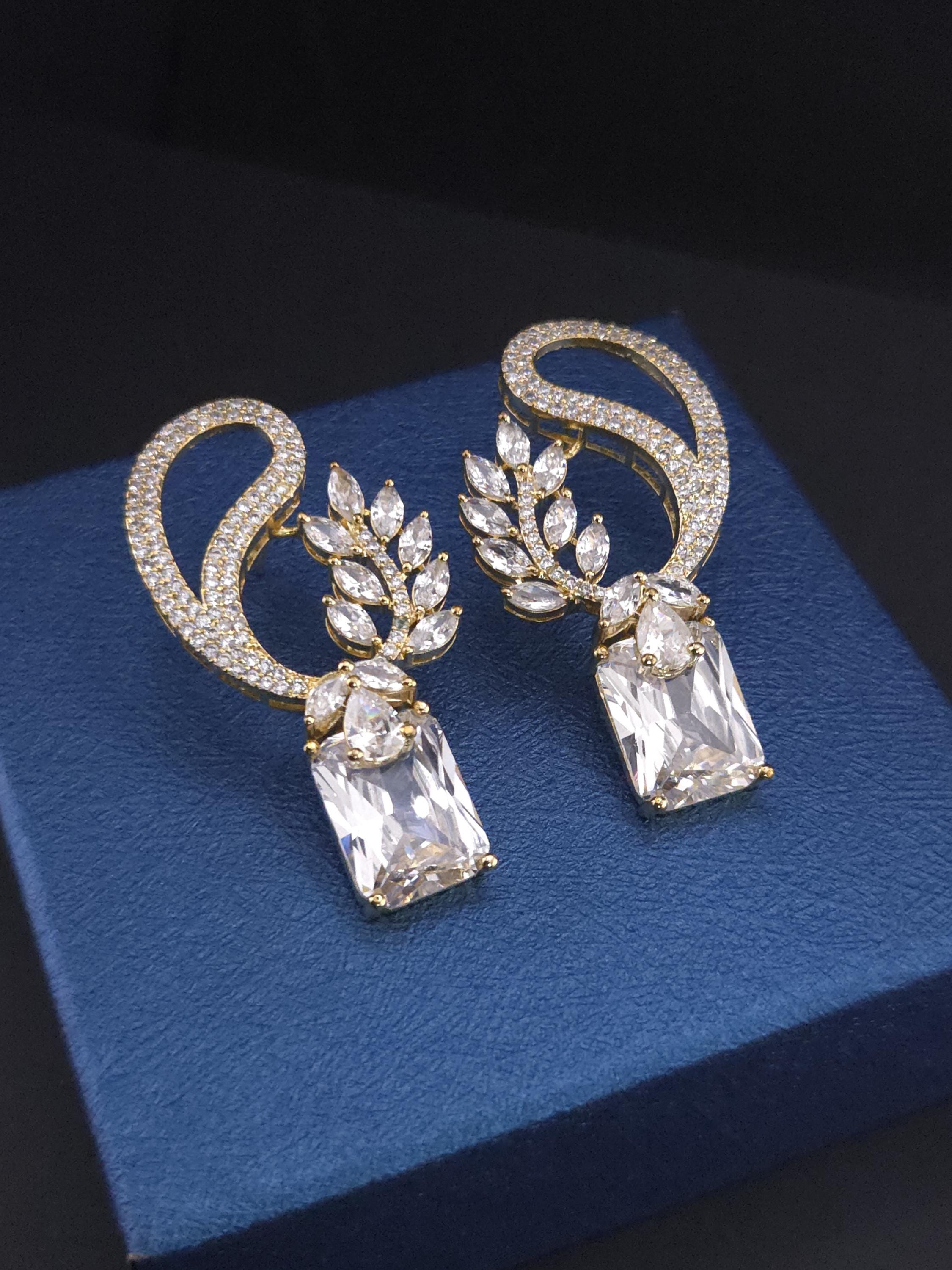 CZ Leaf Statement Drop Earrings – Clear Gold or Blue Silver Plated | Wedding Jewelry