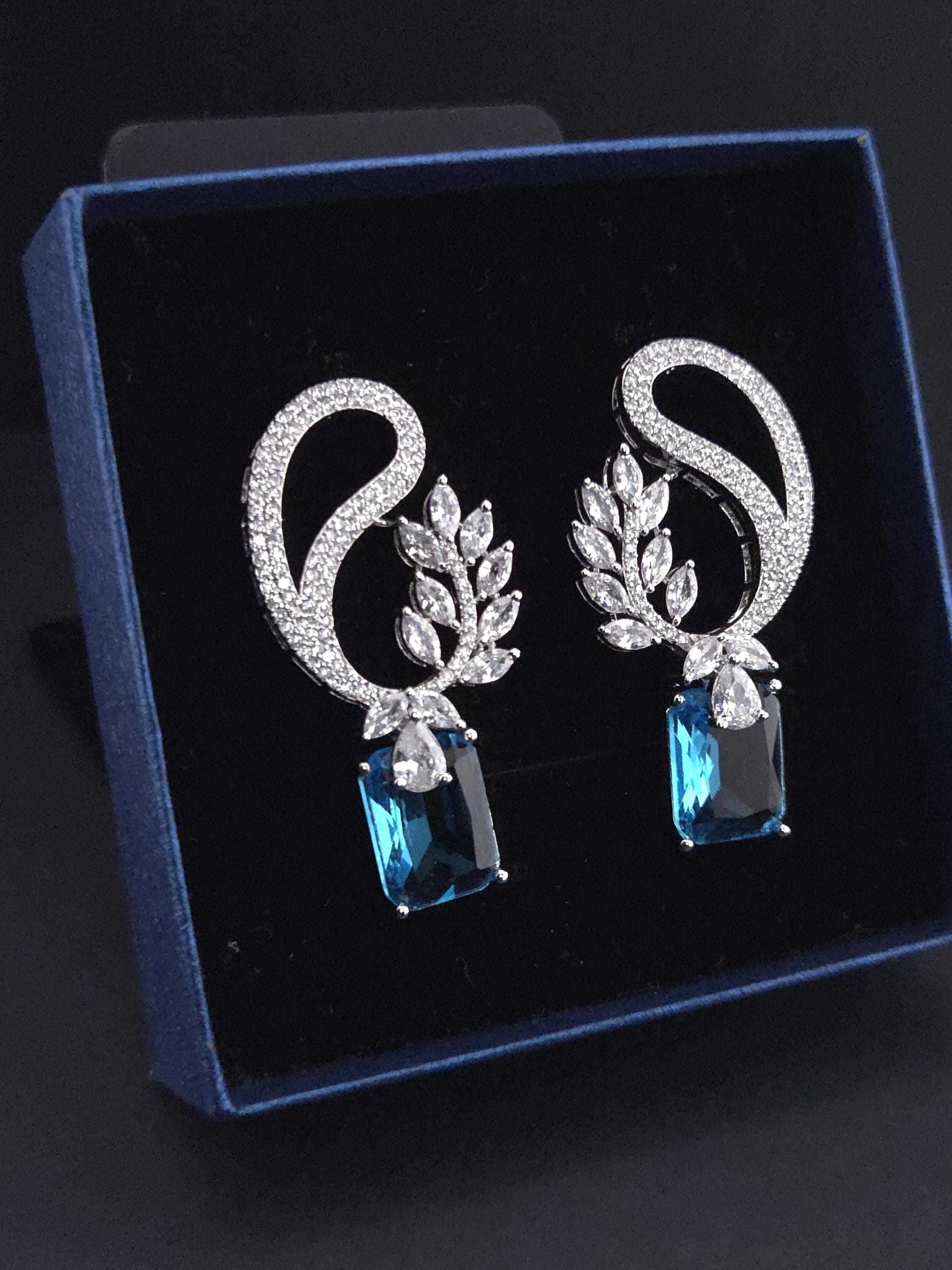 CZ Leaf Statement Drop Earrings – Clear Gold or Blue Silver Plated | Wedding Jewelry